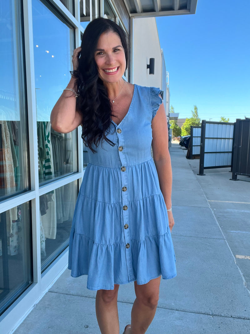 Chambray Button Down Tiered Mini Dress