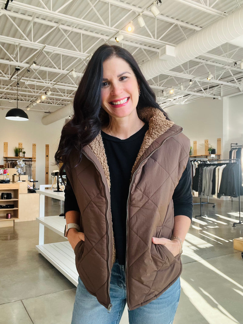 Quilted Fleece Lined Vest in Brown