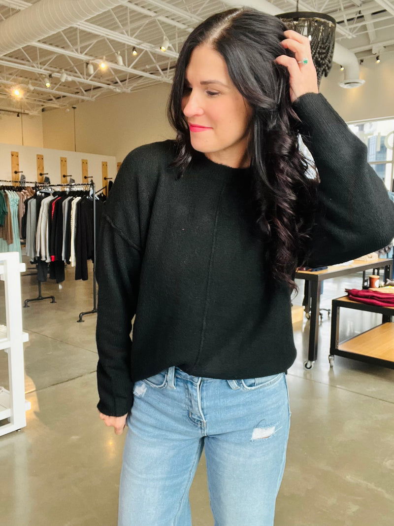 Crewneck Front Seam Sweater - Black