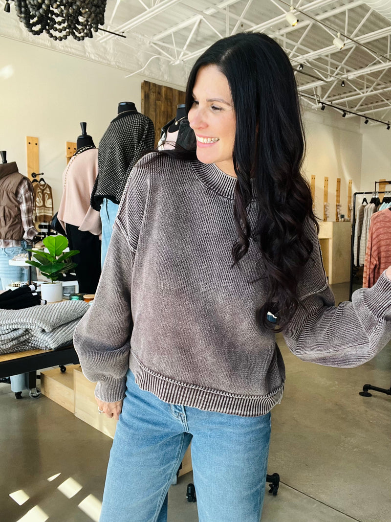 Washed Mock Neck Sweater - Plum