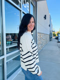 Stripe Mock Neck Drop Shoulder Sweater - Ivory/Black Stripe