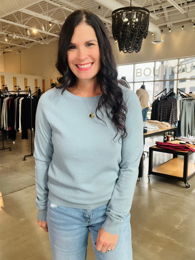 Waffle Mix Pullover Sweater - Dusty Blue