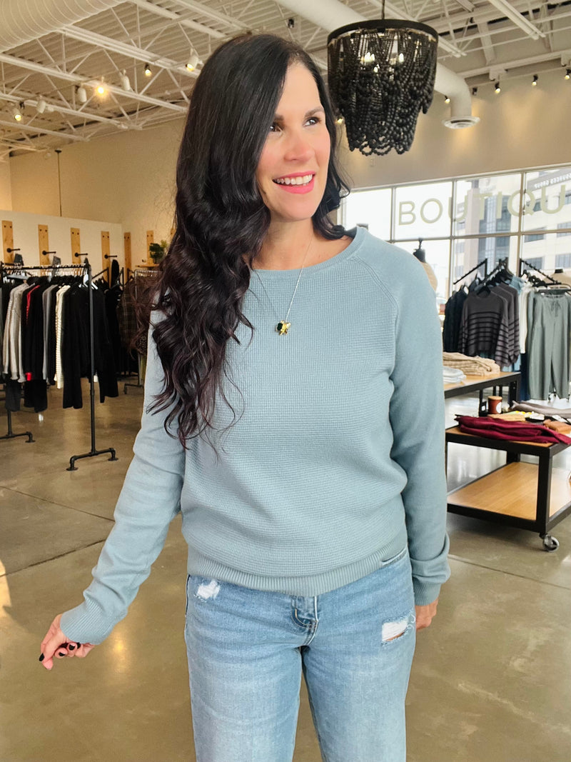 Waffle Mix Pullover Sweater - Dusty Blue