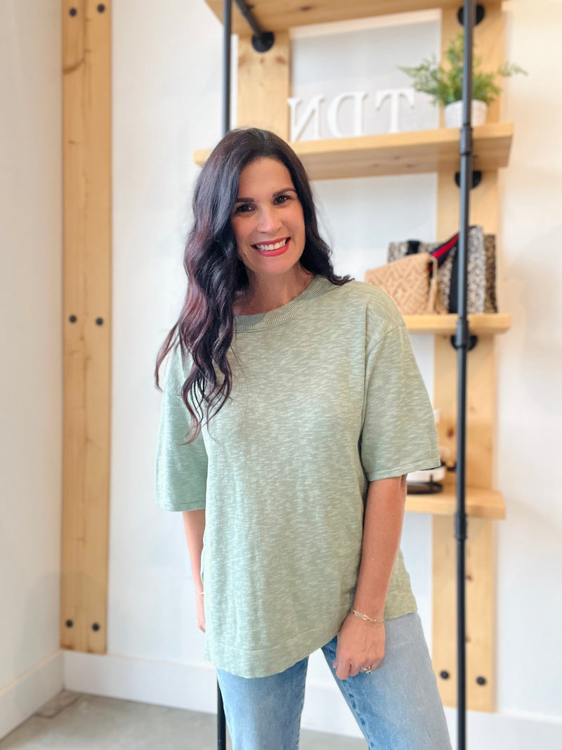 Short Sleeve Slub Sweater Top - Sage