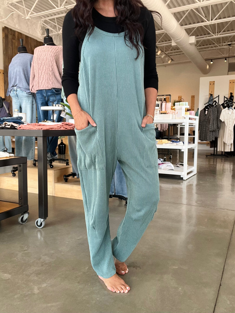Wave Ribbed Sleeveless Jumpsuit - Emerald