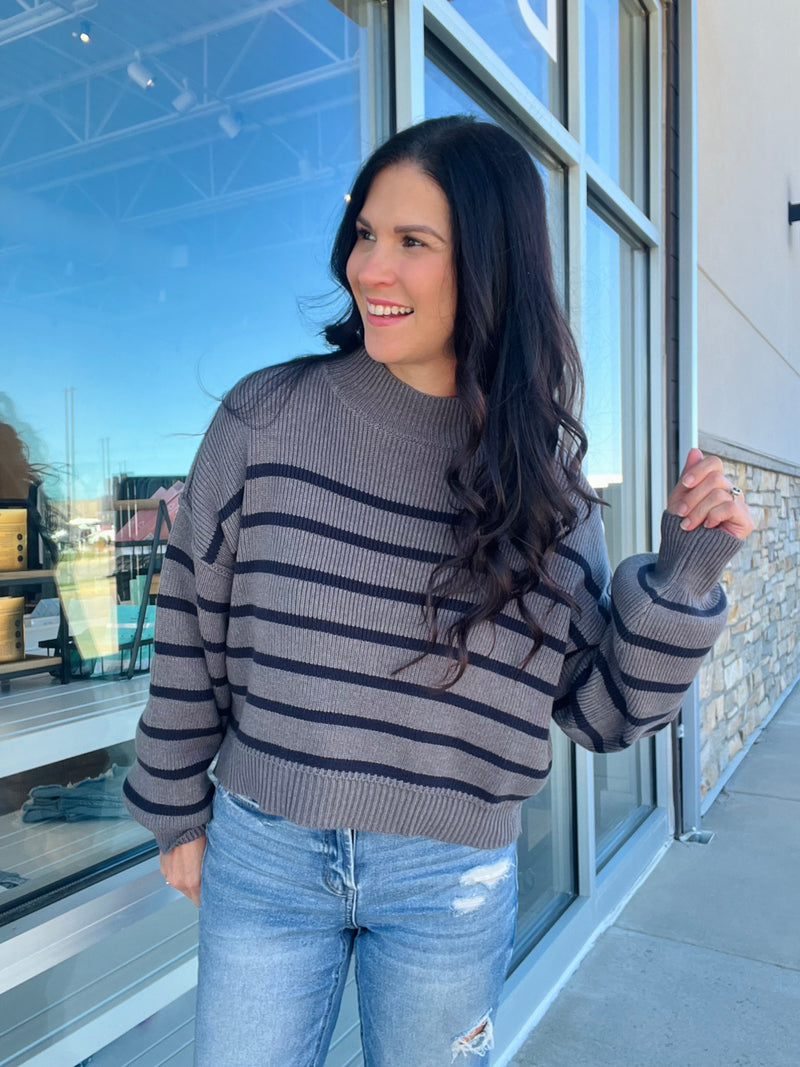 Stipe Mock Neck Drop Shoulder Sweater - Charcoal/Navy