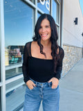 Ruched Square Neck Top -  Black