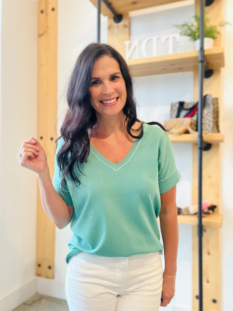 Contrast Stitch V Neck - Light Jade