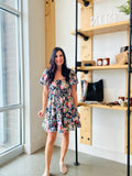 Floral Front Tie Tiered Mini Dress in Navy