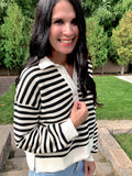 Short Stripe Collared Knit Sweater in Black + Cream