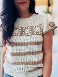 Stripe Short Sleeve Crochet Top in Khaki