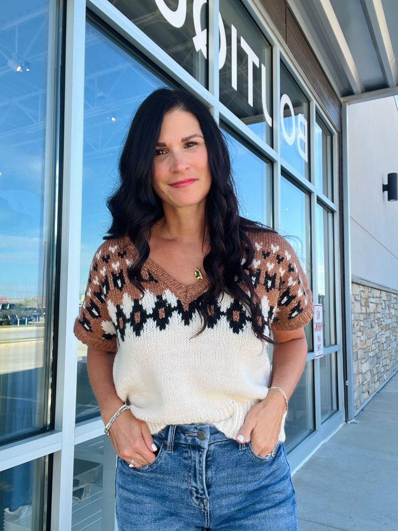 Fair Isle V Neck Short Sleeve Sweater