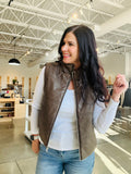 Leather Look Puffer Vest - Brown