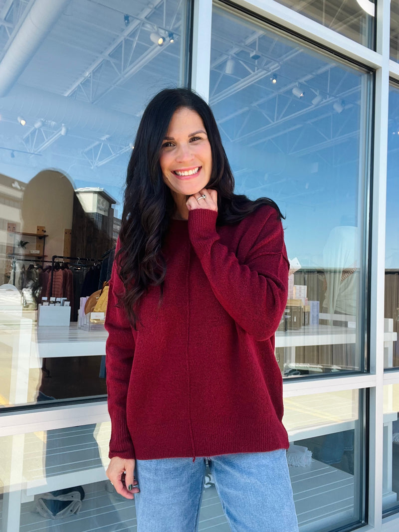 Crewneck Front Seam Sweater - Burgundy