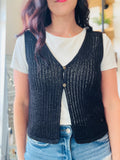 V Neck Front Button Crochet Vest - Black