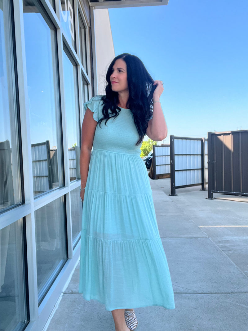 Smocked Tiered Midi Dress - Light Sage