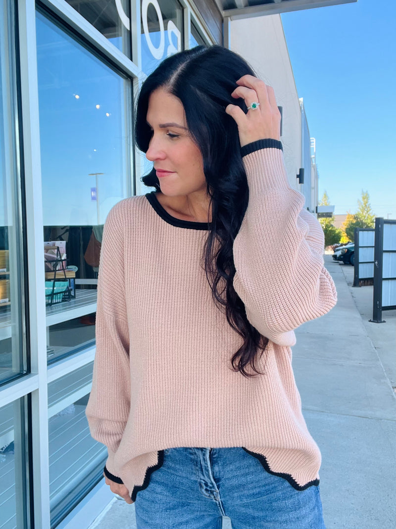 Contrast Scallop Trim Sweater - Khaki