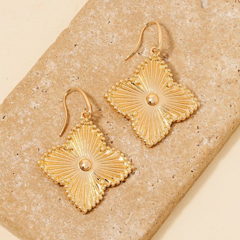 Ornate Clover Dangle Charm Earrings - Gold