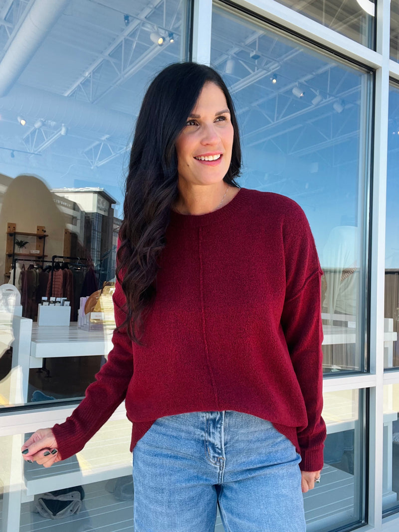Crewneck Front Seam Sweater - Burgundy