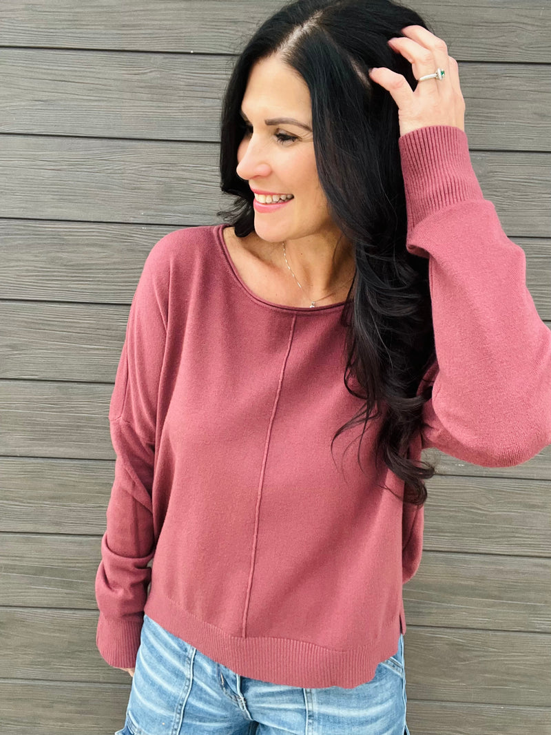 Front Seam Round Neck Pullover - Dust Plum