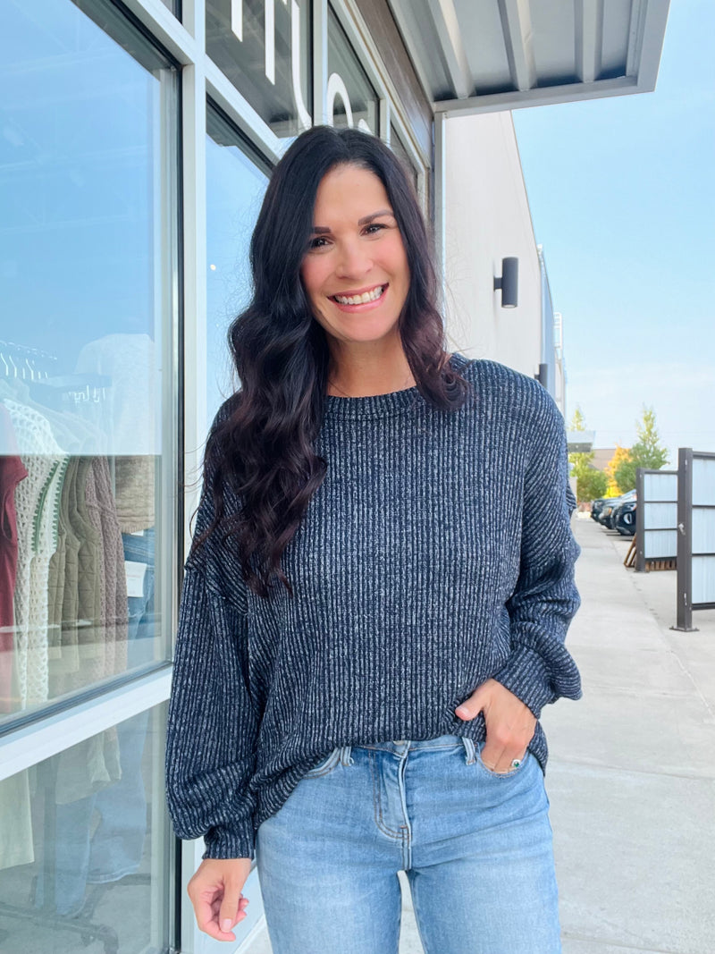 Marled Long Sleeve Ribbed Top - Navy