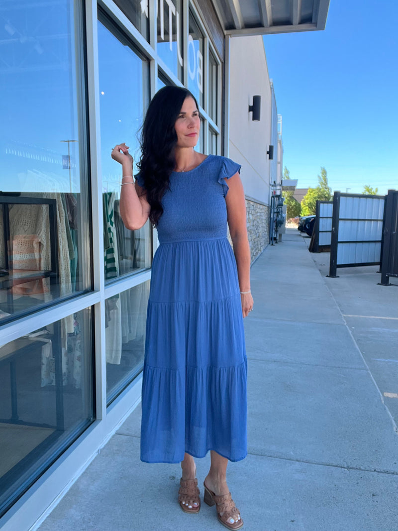 Smocked Tiered Midi Dress - Dusty Blue