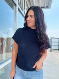 Mock Neck Pocket Detail Short Sleeve Sweater - Navy