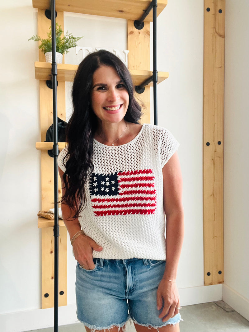 American Flag Crochet Sweater Top in Ivory