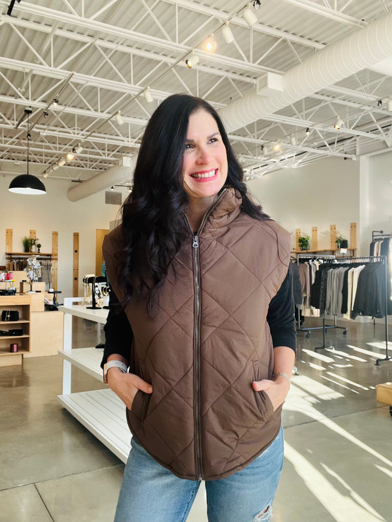 Quilted Fleece Lined Vest in Brown