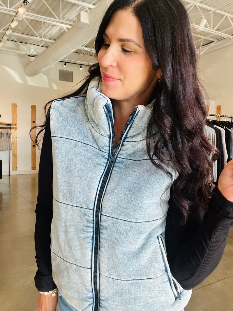 Denim-ish Vintage Wash Puffer Vest
