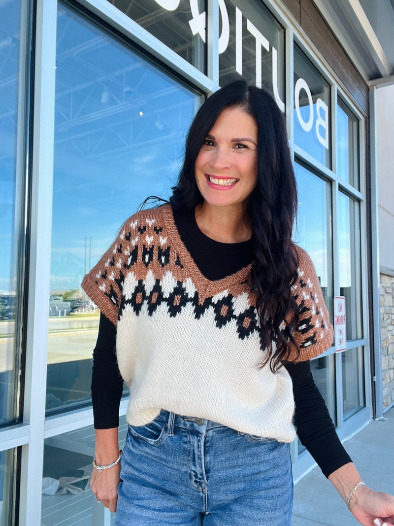 Fair Isle V Neck Short Sleeve Sweater