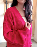 Checkered Textured Knit Cardi - Hot Pink