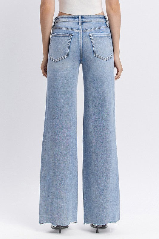 Lovervet High Rise Uneven Raw Hem Wide Leg Jeans