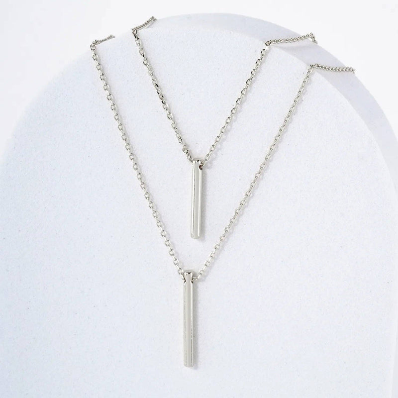 Double Bar Pendant 18K-Gold-Dipped Brass Layered Necklace: Rhodium