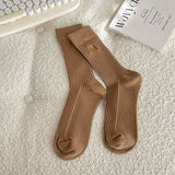 BOW EMBROIDERED CREW SOCKS - Coffee