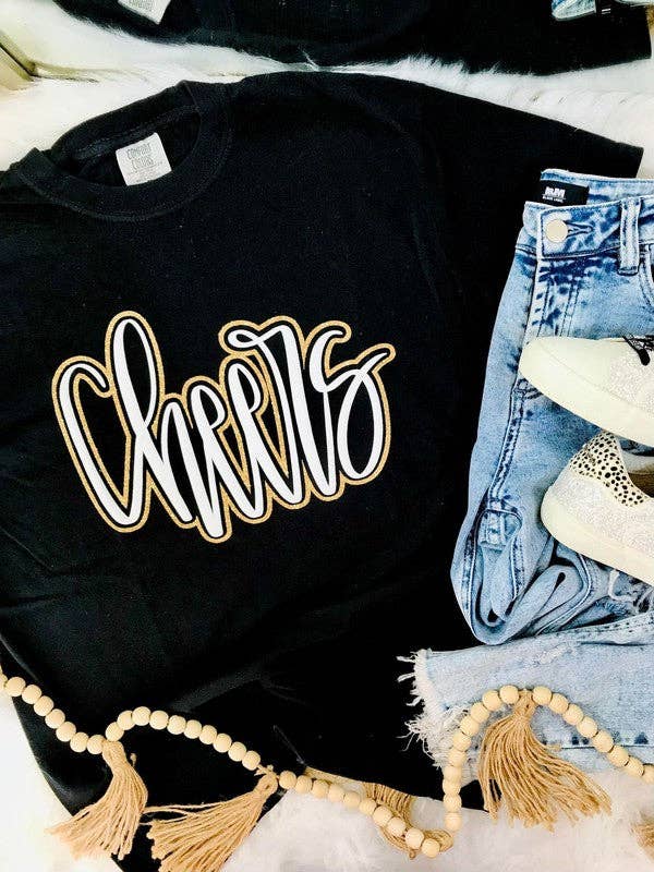 Cheers Cursive Double Puff Glitter Tee