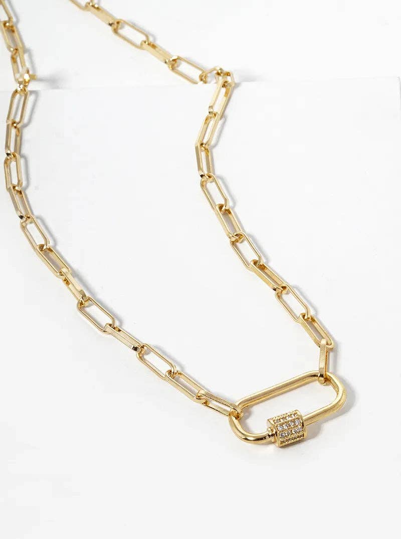18K Gold Dipped Cz Pave Carabiner Pendant Chain Necklace: Gold