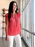 Key Hole Flutter Sleeve Top in Coral