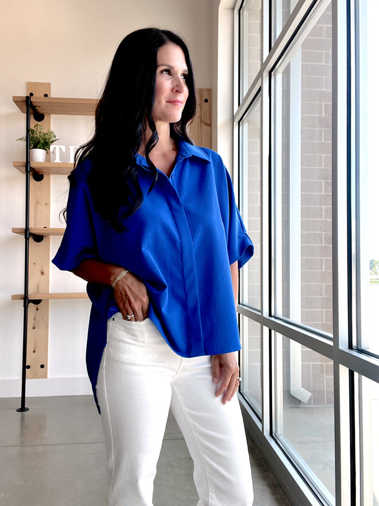 Dolman Sleeve Button Up Top in Royal Blue