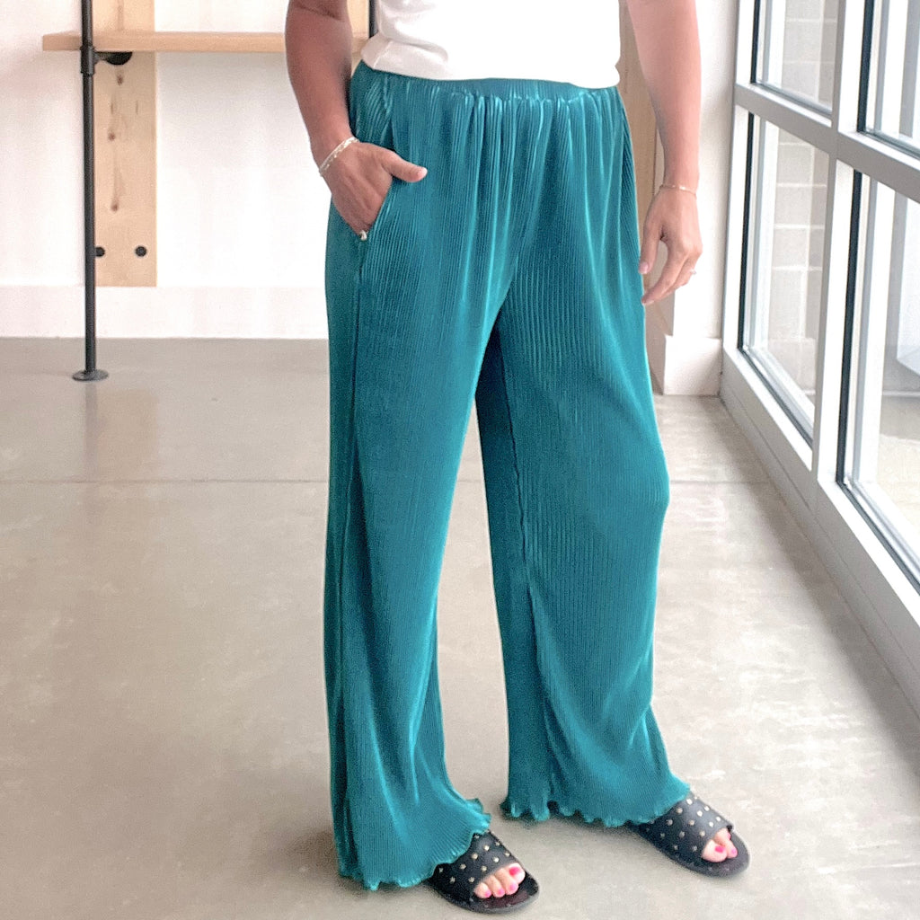 Crinkle Satin Wide Leg Pants in Turquoise