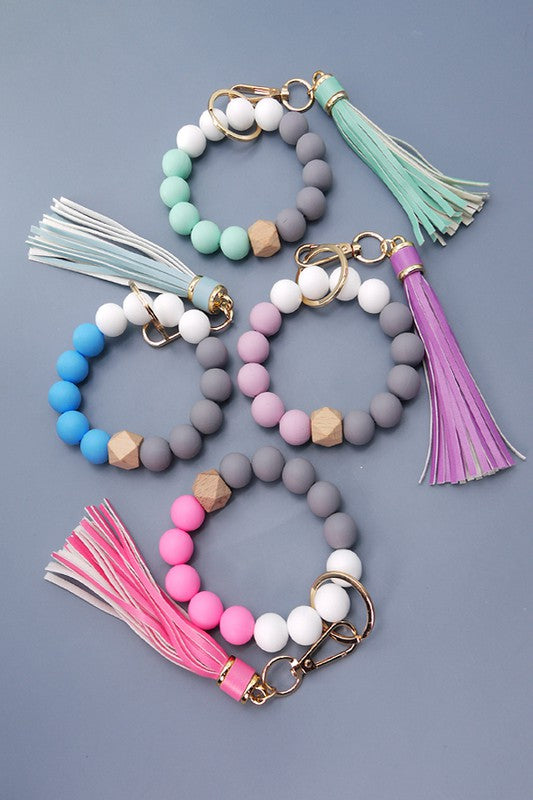 Rubber Bead Tassel Bracelet Keyring