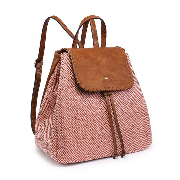 2 Tone Straw Textured Backpack - Red/Natural