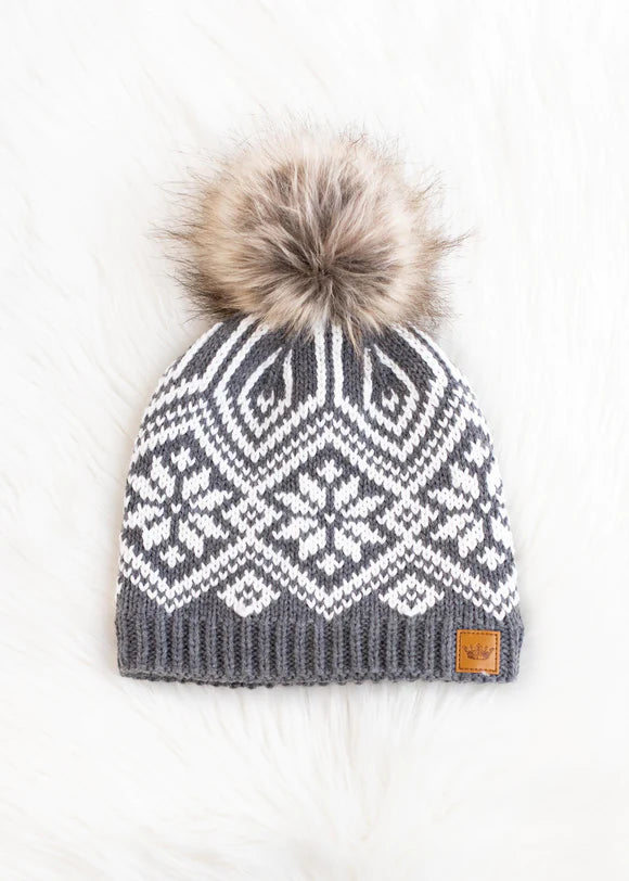 Gray and White Snowflake Knit Hat