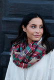 Tan with Red, Green, Yellow and White Plaid Infinity Scarf